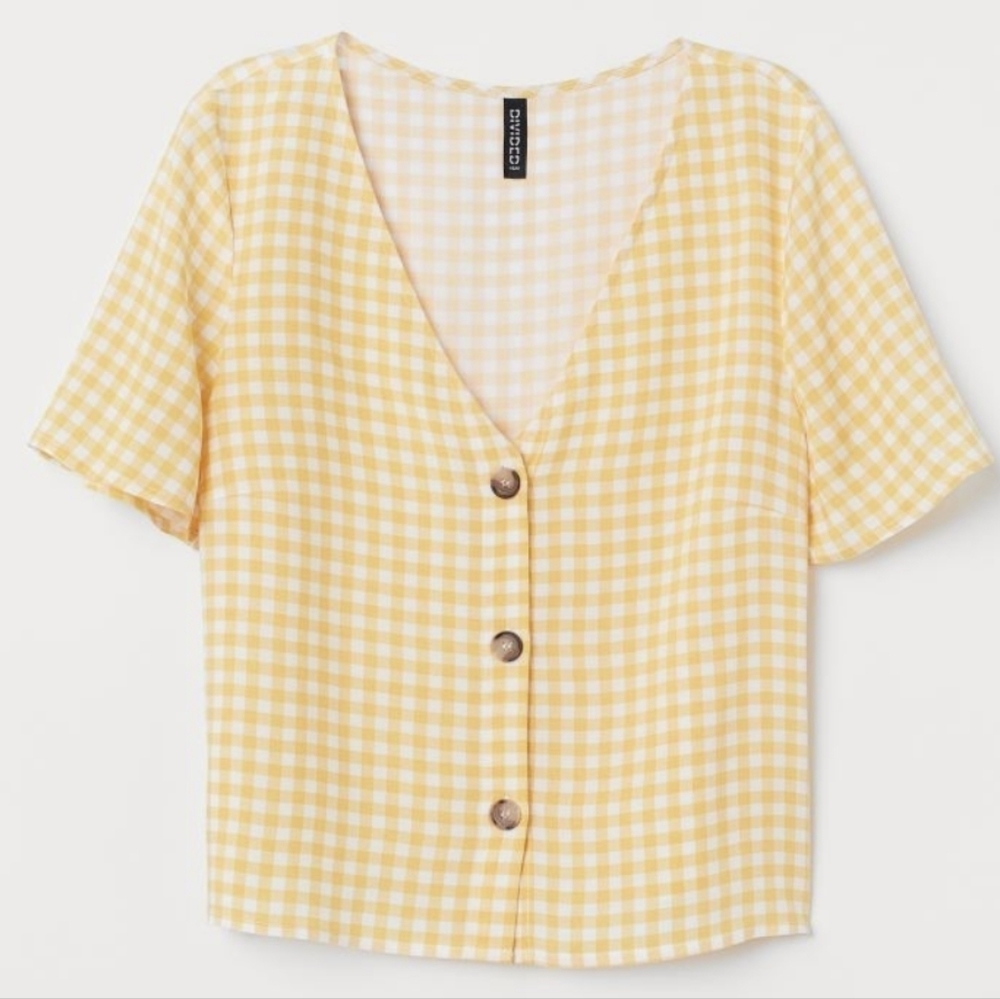 H&M Divided women's butter yellow gingham short sleeves crop top size S
